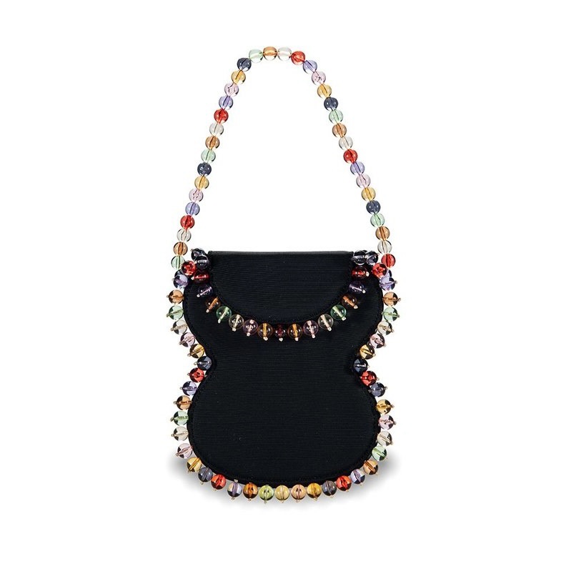 By Far Frida Bead Embellished Black Grosgrain Bag New